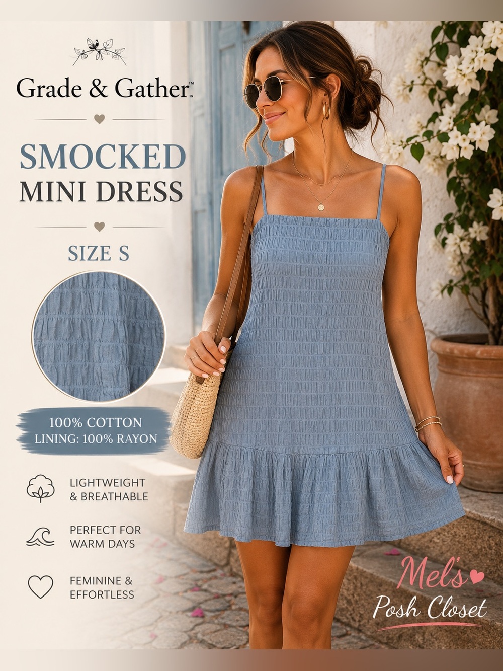 🌼Grade & Gather Blue Smocked Cotton Ruffle Mini Dress Size S🌼